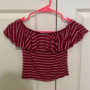 red striped, off the shoulder crop top